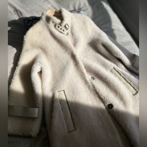 Ivory Teddy Shearling Style 100% Wool Long Winter Coat Size S